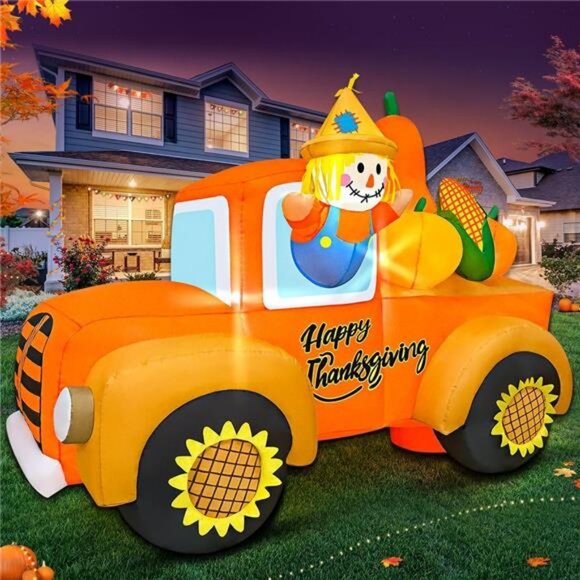 6FT Thanksgiving Inflatables Outdoor Decoration Inflatable Car with Scarecrow